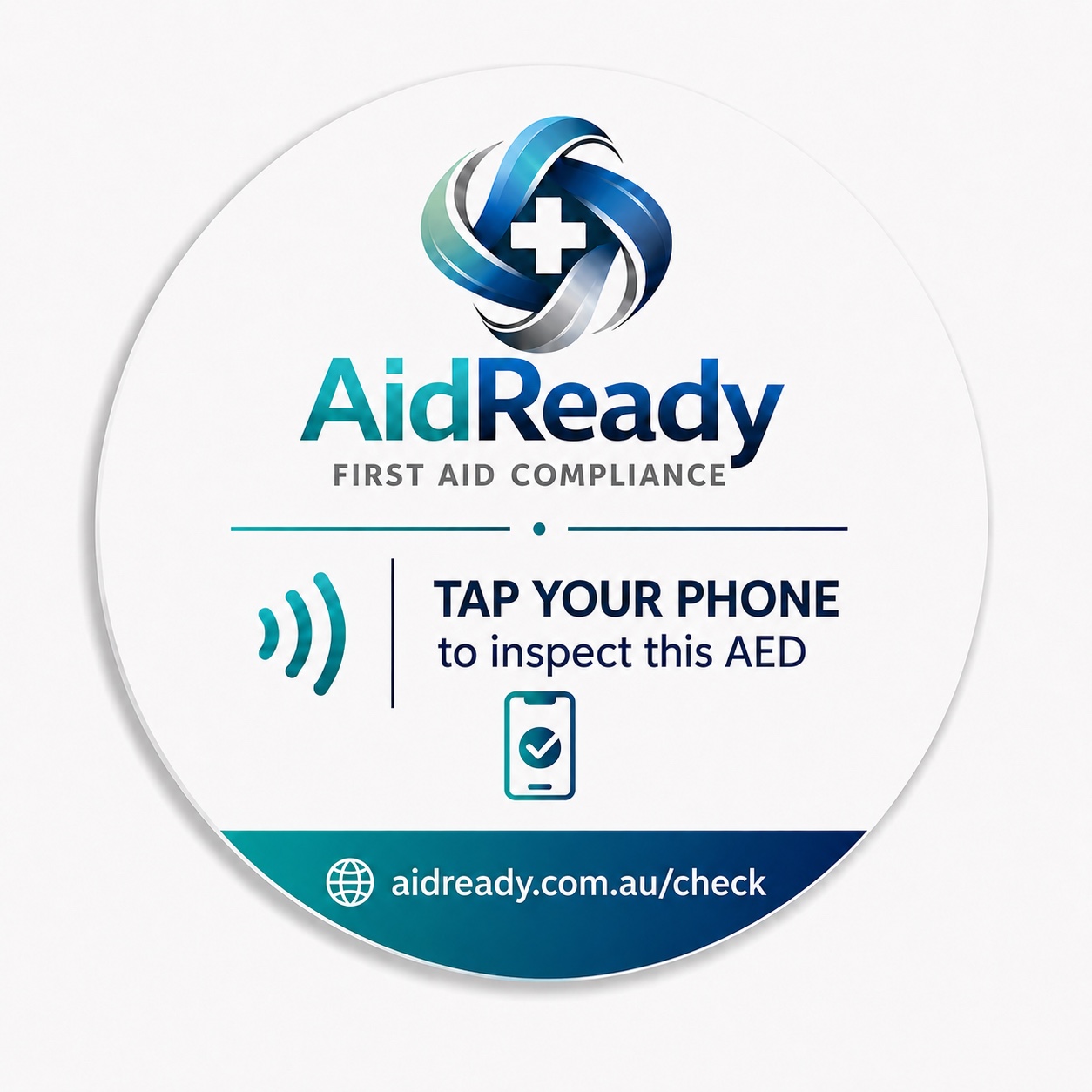 Round AidReady Tap-to-Check sticker displayed on managed AEDs