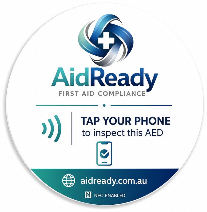 AidReady NFC tap sticker — tap your phone to inspect this AED